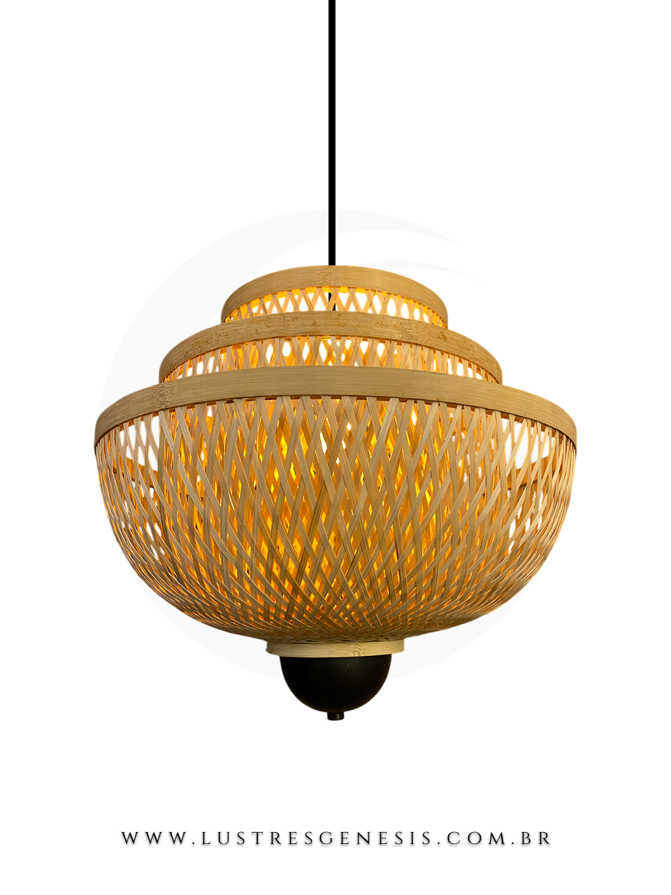 Lustre pendente de fibra de bambu modelo Cake, com design moderno e acabamento natural, ideal para mesas, balcão de cozinha ou área gourmet.